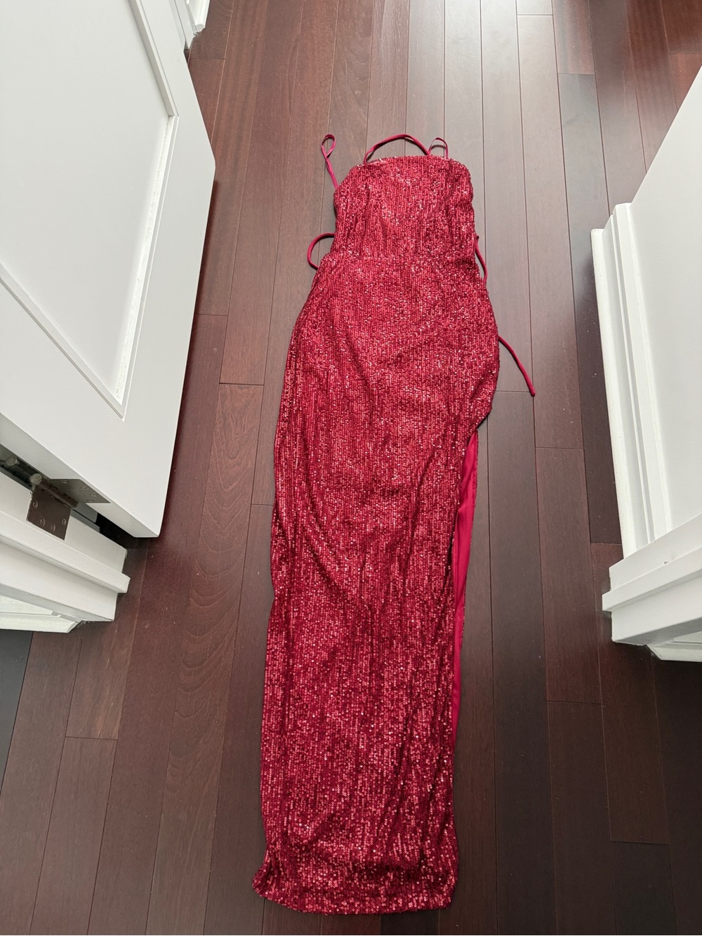 Sparkling Red Sequin Strap Evening Gown - Holiday Dress